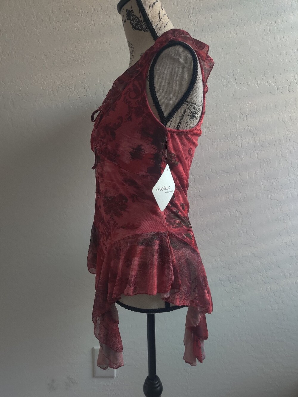 🆕 Rebellious Red Floral Paisley Ruffled Asymmetric Peplum Top Fairy Whimsigoth - Picture 5 of 12
